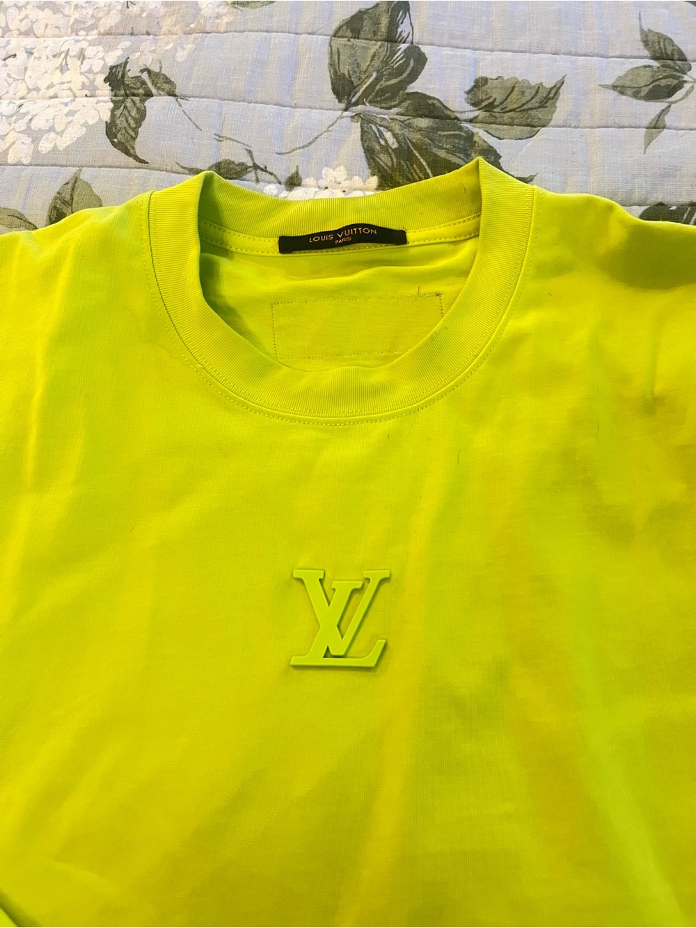 Preowned Men’s size L Louis Vuitton Neon Yellow LV Logo Tee. No Low Offers